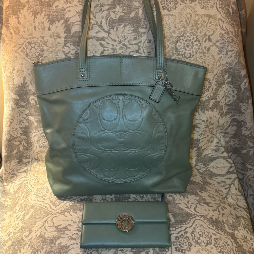 Elegant Coach Sage Green Tote and Wallet Set